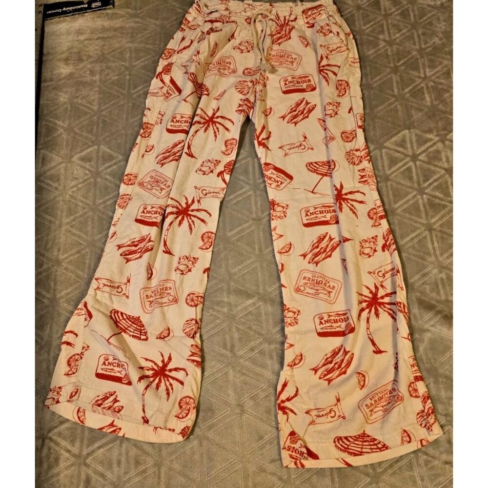 April Kiss Haven Wide Leg Linen Pant Mediterranean shells sardines tropical Sz L